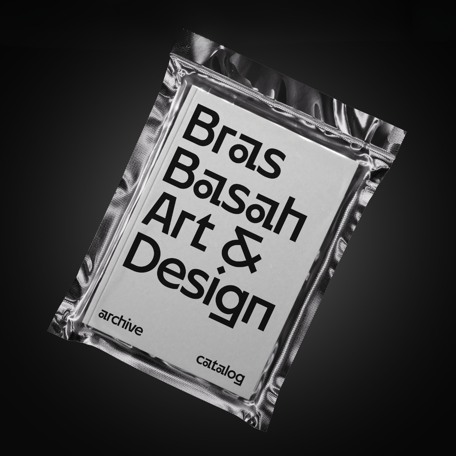 Neue Lunary geometric display sans-serif applied to art catalog book cover design, featuring "Bras Basah Art & Design" in stacked composition