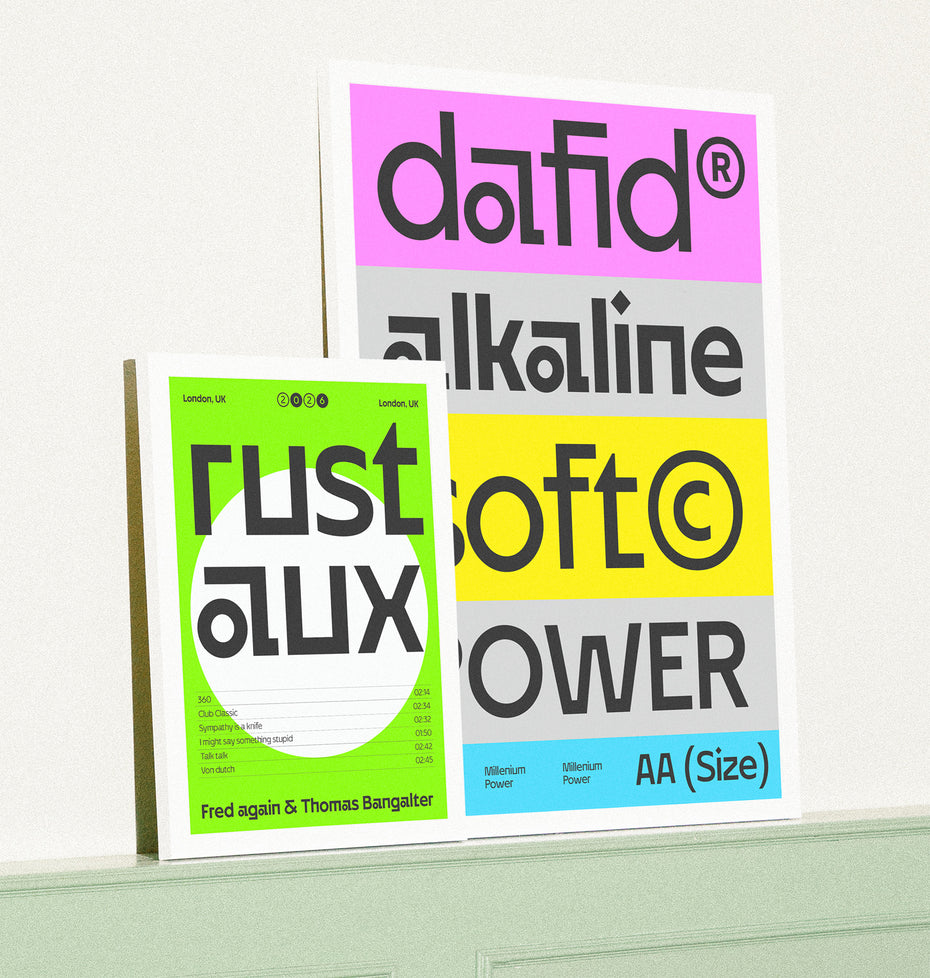 Neue Lunary geometric display sans-serif on a pair of contemporary poster specimens, featuring a music tracklist layout and a stacked color-block typographic composition
