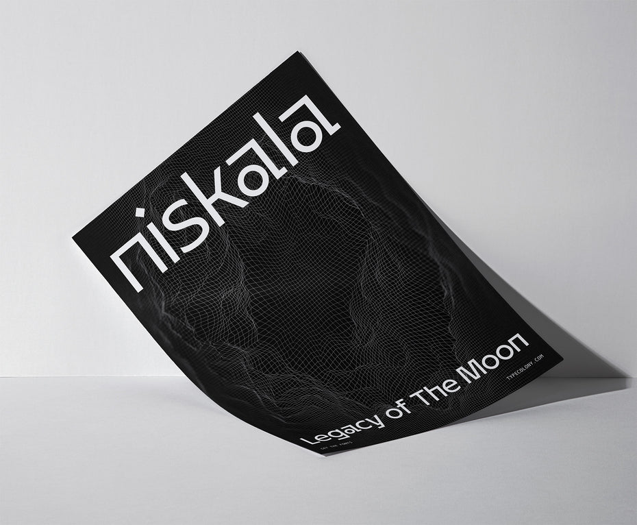 Neue Lunary geometric display sans-serif on an experimental poster design titled "Niskala — Legacy of The Moon" with wireframe topography artwork