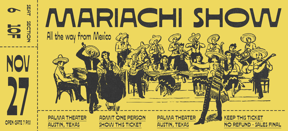 SUNDOSE vintage art deco condensed sans-serif typeface on a retro concert ticket specimen for "Mariachi Show" at Palma Theater, Austin Texas, featuring traditional Mexican band illustration on yellow paper