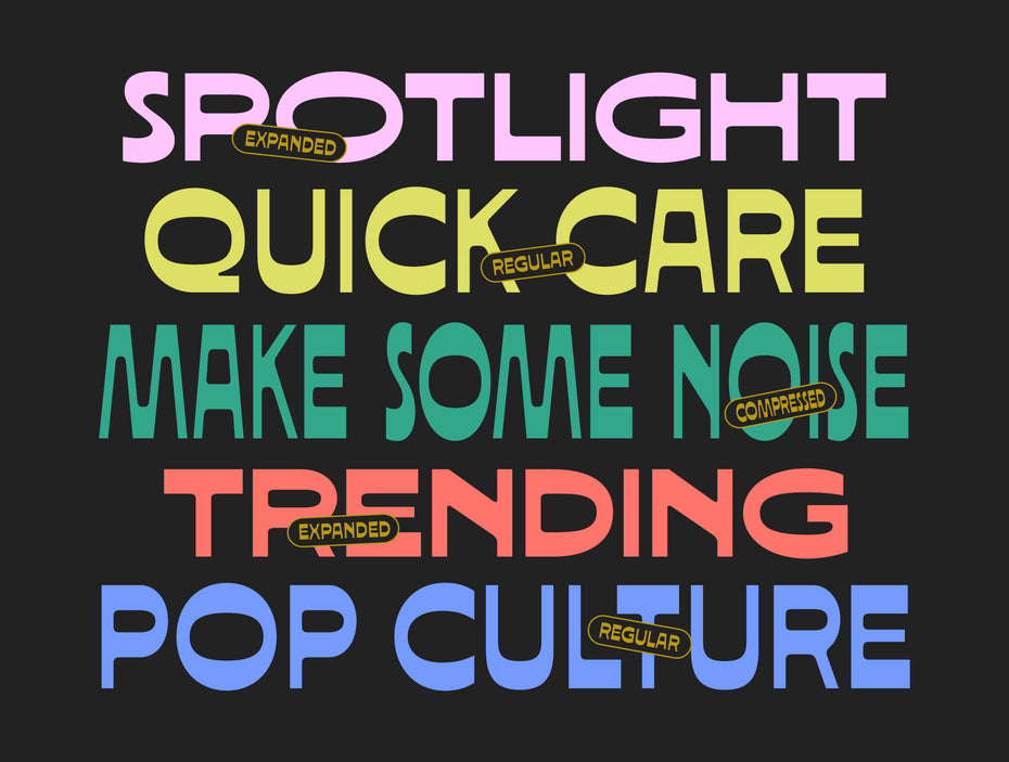 SUNDOSE rounded sans-serif display typeface specimen showcasing three widths — Expanded, Regular, and Compressed — with playful pastel color blocks for editorial branding, pop culture design, and modern poster use