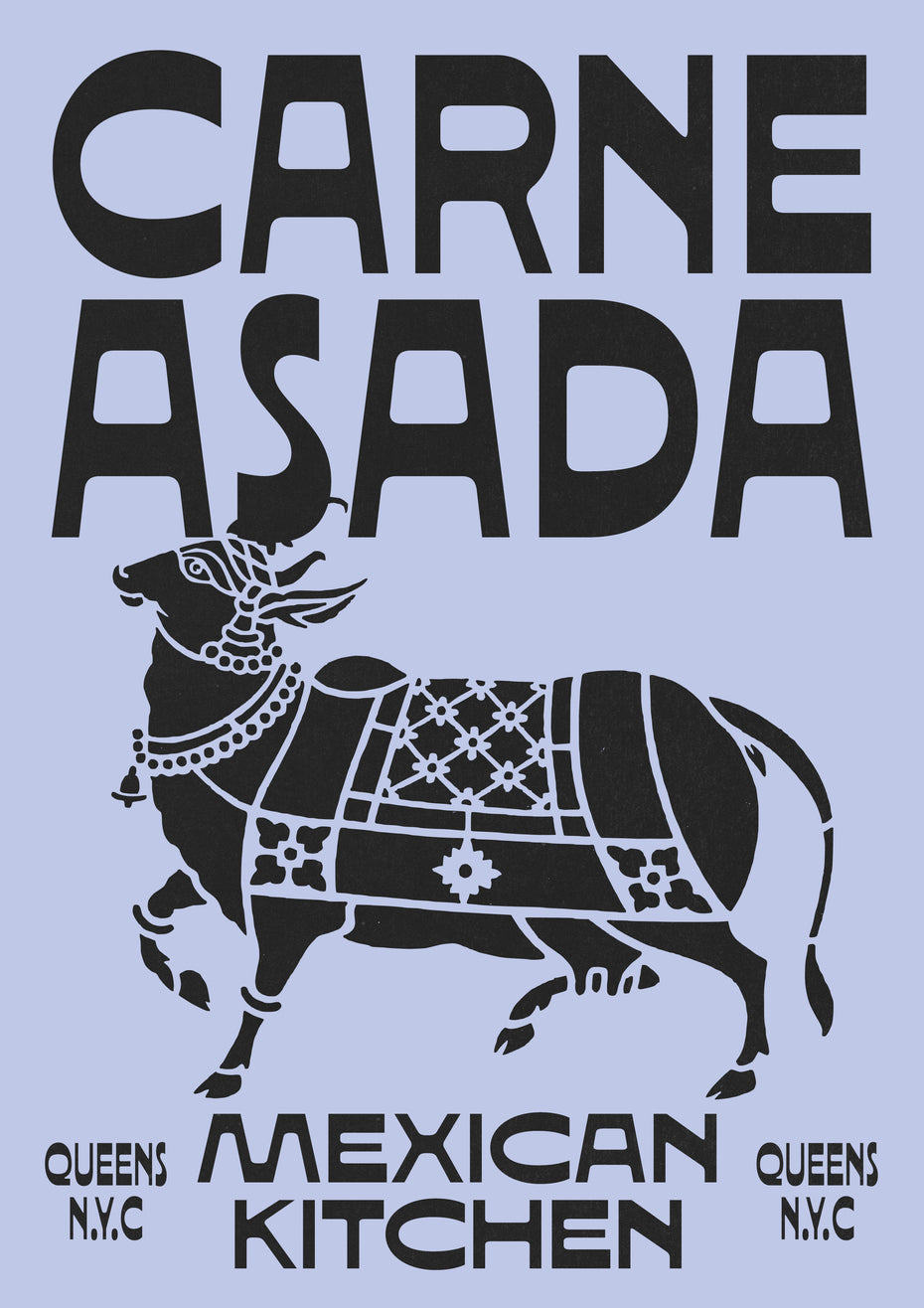 Sundose Font rounded sans-serif display typeface on a food and beverage branding specimen for "Carne Asada — Mexican Kitchen, Queens NYC", featuring linocut-style decorated bull illustration in Mexican folk art tradition