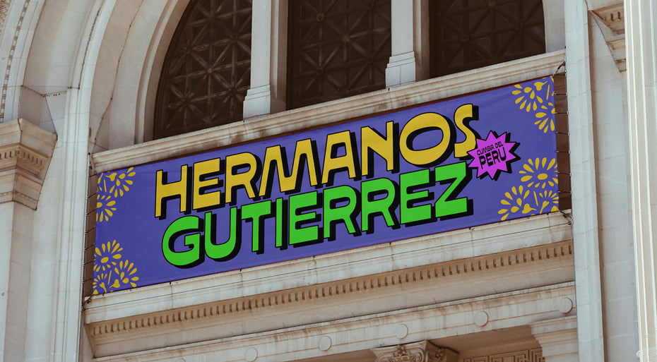 SUNDOSE rounded sans-serif display typeface on a large-format outdoor concert banner for "Hermanos Gutierrez — Cumbia del Perú", featuring drop-shadow lettering in yellow and green on purple with papel picado floral motifs