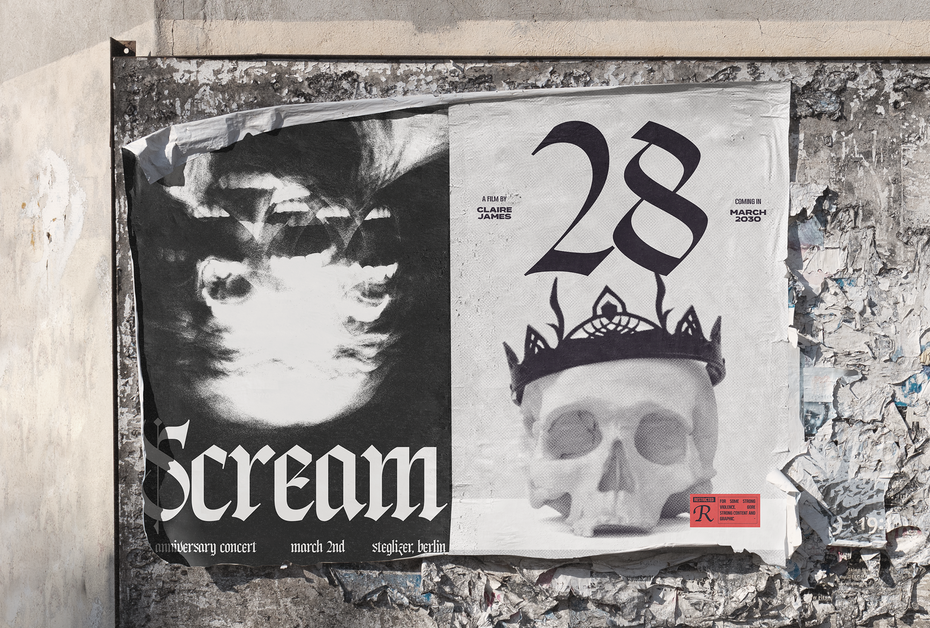 Swordsong gothic blackletter typeface on a wheatpaste poster mockup, featuring a concert poster reading "Scream" for an anniversary show in Berlin, and a horror film poster with a stylized blackletter numeral "28" and crowned skull artwork