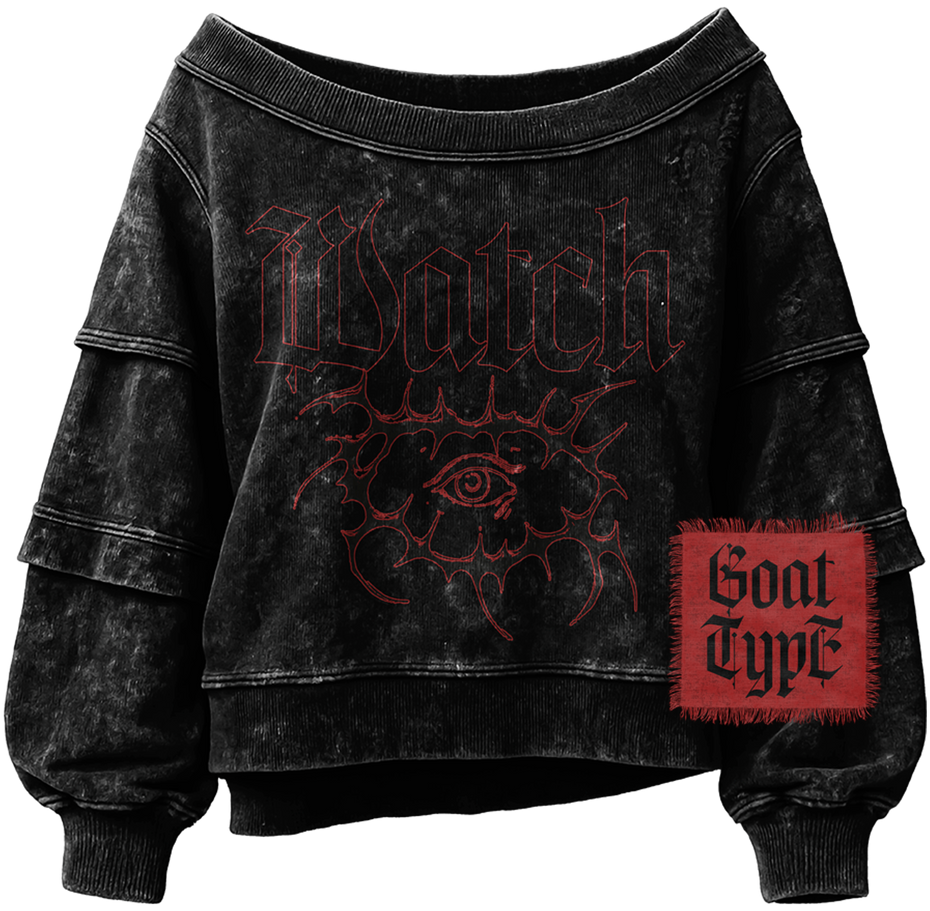 Swordsong gothic blackletter typeface used on distressed streetwear apparel design, featuring a stonewashed sweatshirt with red "Watch" graphic and all-seeing eye illustration, plus woven blackletter patch