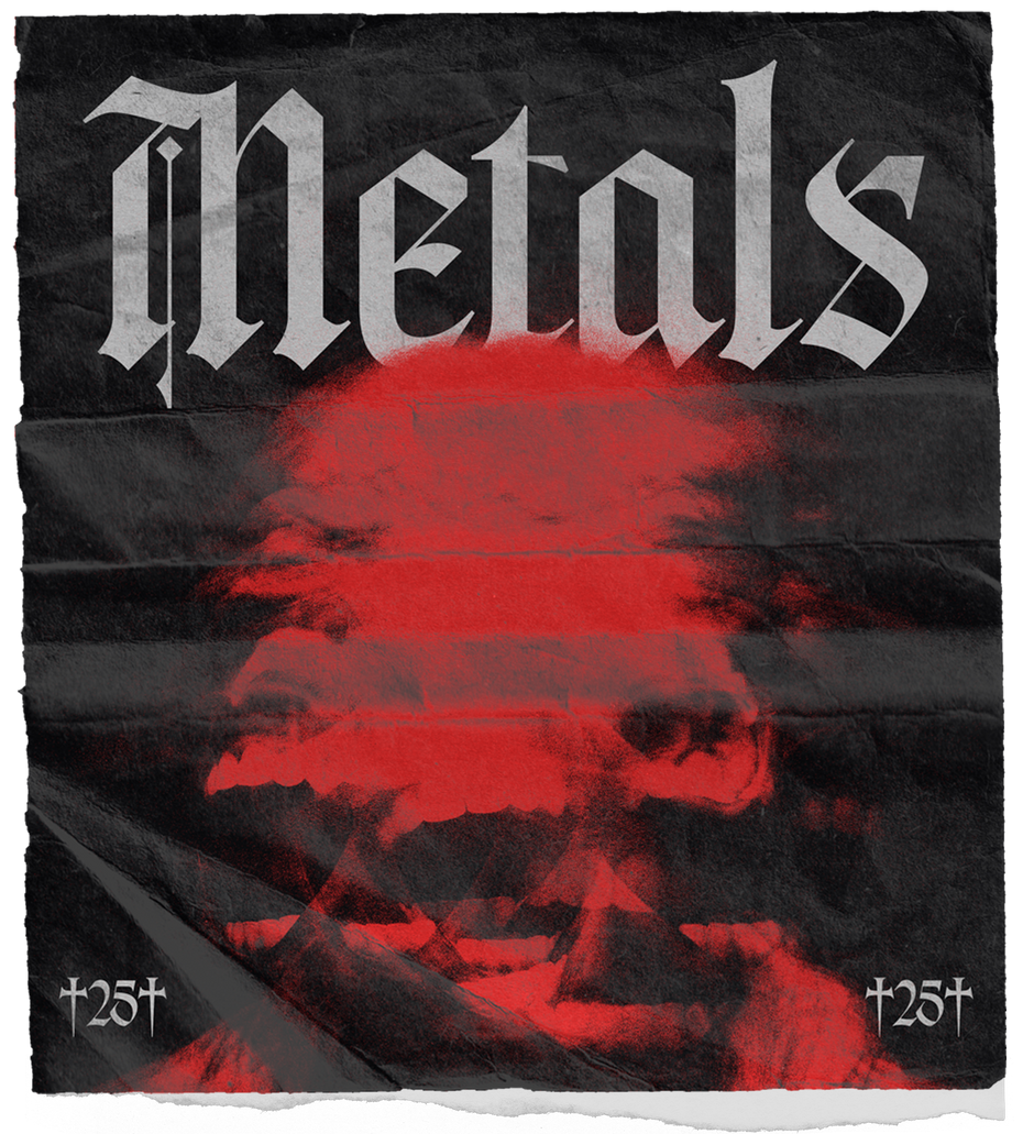 Swordsong gothic blackletter display typeface used on a heavy metal album cover specimen titled "Metals", with red atomic cloud illustration and crucifix-flanked numerals on textured black paper