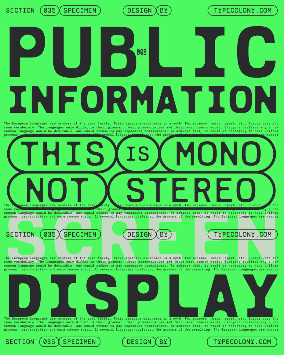 Brau Mono monospaced display typeface specimen on a bright green poster showing both heavy display headlines and small body text, with rounded capsule labels reading "This is mono not stereo" — demonstrating versatility between editorial and technical use
