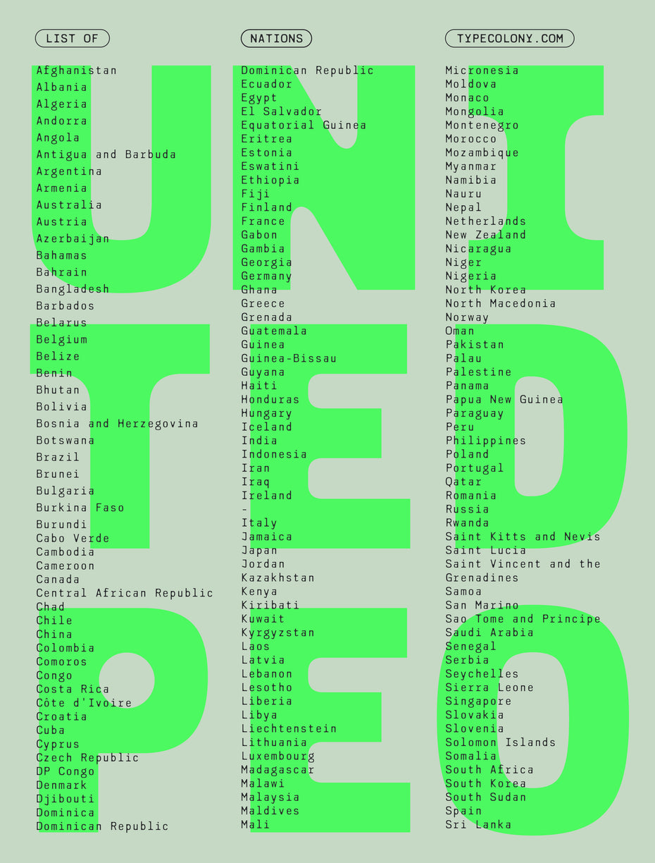 Brau Mono monospaced typeface on an editorial poster specimen listing all world nations in three columns, with large display lettering "United People" in the background, demonstrating language coverage with diacritics and small-size readability
