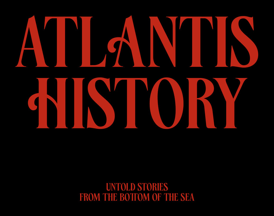 Panthoma Font contemporary display serif typeface specimen on a cinematic black poster reading "Atlantis History Untold stories from the bottom of the sea", showcasing high-contrast strokes, classical proportions, and expressive curved terminals in deep red
