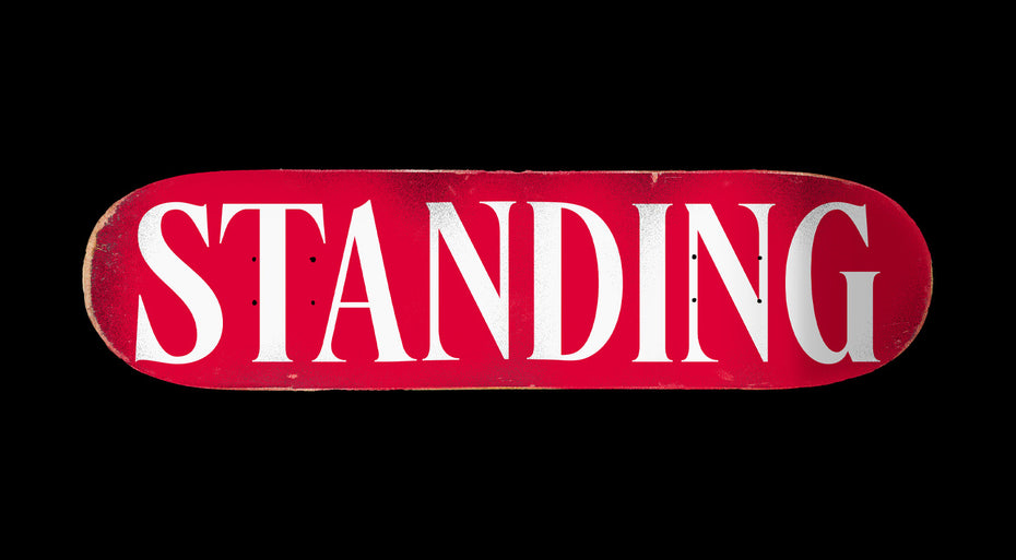 Panthoma Font high-contrast didone serif typeface on a streetwear skateboard deck specimen with bold display "Standing" in white over red, demonstrating fashion-meets-street design language