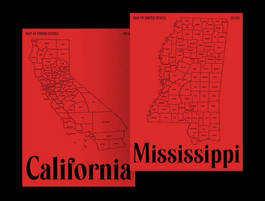 Panthoma display serif typeface on a pair of editorial cartography specimens featuring US state maps of California and Mississippi, showcasing both upright and italic styles with classical curved terminals and high contrast on red background